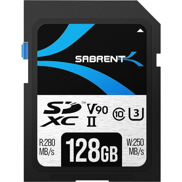 SABRENT SD karte 512GB V90, SDXC karte UHS II, SD atmiņas karte, klase 10, U3, R280MB/s W250MB/s Full HD Ultra 8K profesionāliem fotogrāfiem, videogrāfiem, video emuāriem (SD-TL90-128GB)