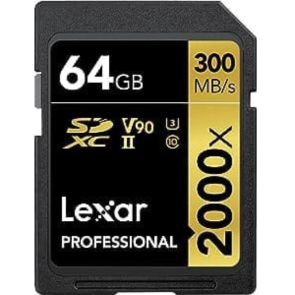 Lexar Professional 2000x SD karte 64 GB, SDXC UHS-II atmiņas karte bez lasītāja, lasīšana līdz 300 MB/s, DSLR, kino kvalitātes videokamerām (LSD2000064G-BNNAG)