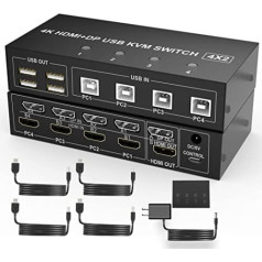 4 portu HDMI + DisplayPort KVM slēdzis Dual Monitor, UHD 4K @ 60Hz, KVM slēdzis 2 monitori 4 datori ar 4 USB 2.0 centrmezglu, tastatūras video peles perifērijas ierīču pārslēdzējs 4 datoriem, diviem monitoriem