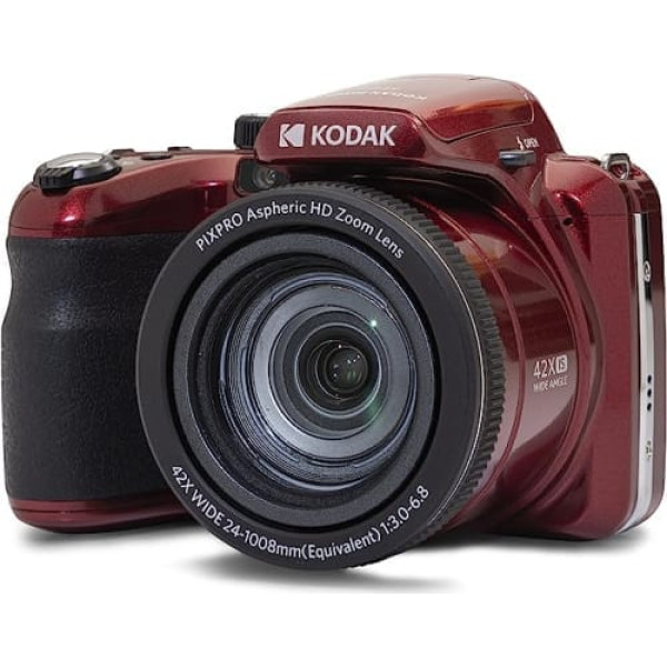 KODAK Pixpro Astro Zoom AZ425 digitālās kameras tilts, 42x optiskā tālummaiņa, 24 mm platleņķis, 20 MP LCD 3, Full HD 1080p, litija jonu akumulators, sarkans