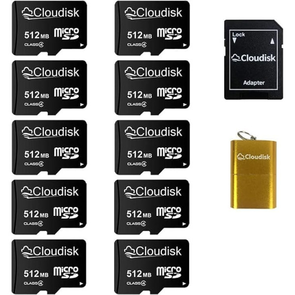 Clodisk Micro SD karte maza ietilpība 10 pack, 512 MB (bez GB) ar MicroSD adapteri, karšu lasītāja atmiņas karte maziem datu failiem, reklāmai vai veicināšanai (pārāk maza videoklipiem)