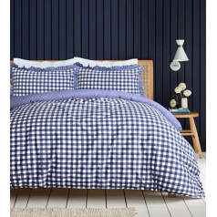 Sleepdown Gingham Check Blue Plain Back, mīksts viegli kopjams segas pārvalks ar volānu malu spilvendrānu — viens (135 x 200 cm)