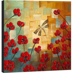 Wieco Art Modern Flowers Dragonfly Oil Painting 100% Hand Painted Stretched and Framed Flower Painting on Canvas Wall Painting Ready to Hang for Bedroom Kitchen Dining Room Home Decor