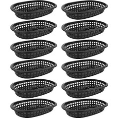 Pack of 12 Plastic Fast Food Baskets, Oval Fruit Basket, Burger, Hotdog, French Fries Baskets, Restaurant Serving Tray, Snack Bread Plates for Birthday Party, Picnic, Barbecue (Black)