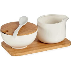 Ceramic Serving Set - Milk Jug & Sugar Bowl with Spoon & Wooden Tray