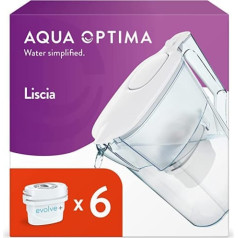 Aqua Optima Liscia Water Filter Jug & 6 x 30 Day Evolve+ Water Filter Cartridges, 2.5 Litre Capacity, for Reducing Microplastic, Chlorine, Limescale and Impurities, White