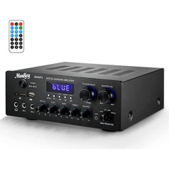 Pastiprinātāja jaudas pastiprinātājs 220 W, Moukey Bluetooth jaudas pastiprinātājs Divu kanālu audio stereo uztvērējs/monitorings/USD/SD AUX/MIC IN/Echo Radio LCD mājas kinozālei, radio, LCD-MAMP1