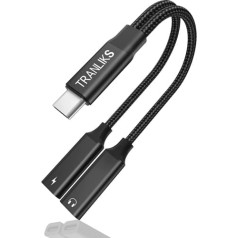 TRANLIKS USB C adaptera austiņas un uzlāde, USB C sadalītājs 2 USB C, 2 vienā adapteris USB C sadalītājs ar PD 60 W ātrās uzlādes papildu audio kabeli (melns)