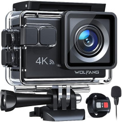 Wolfang GA100 Action Cam 4K 20MP zemūdens kamera WiFi 40M ūdensizturīga ICE attēla stabilizatora ķiveres kamera 170° platleņķa videokamera (ārējais mikrofons, 2,4G tālvadības pults, 2 bateriju un piederumu komplekts)