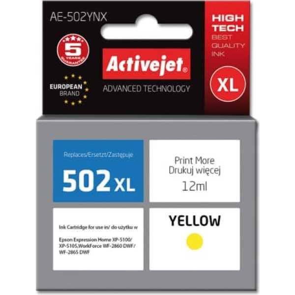 Activejet ae-502ynx tinte (aizvietotājs epson 502xl w44010; supreme; 12 ml; dzeltena)