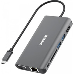 Unitek 8-in-1 centrmezgls d1019a usb3.1 type-c + 2xusb + hdmi + vga + giga + sd