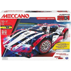 Meccano 25 in-1 motorizēts superauto STEM modeļu veidošanas komplekts ar 347 daļām, īstiem instrumentiem un darba gaismām, rotaļlietām bērniem no 10 gadu vecuma