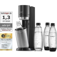 SodaStream Duo ūdens karbonators bez CO2 balona, 1 x 1 L stikla pudele un 3 x 1 l trauku mazgājamajā mašīnā drošas plastmasas pudeles, augstums: 44 cm, krāsa: titāns