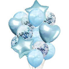 Oblique Unique ® 14 dekoratīvi baloni Konfeti folijas balonu komplekts ar sirsniņām zvaigznēm dzimšanas dienas svinībām, kāzu jubilejas ballītei JGA Baby Shower ballītei zilā krāsā