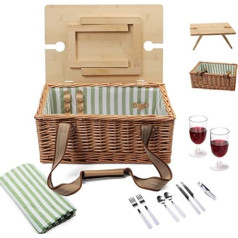 Divvietīgs pīts piknika grozu komplekts ar noņemamu saliekamo piknika galdu, 2 vīna turētājiem, izturīgiem galda piederumiem un ūdensnecaurlaidīgu piknika segu, vislabāk piemērots ceļojumiem un kempinga ballītēm brīvā dabā, liels