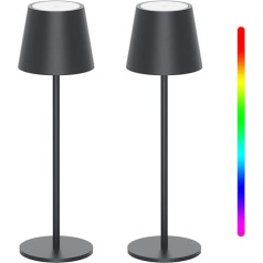 K-Bright pakotne ar 2 LED aptumšojama akumulatora galda lampa, bezvadu, uzlādējama, silta gaiša krāsa, 3000 K + RGB galda lampa ar USB-C, alumīnijs, IP54 ūdensizturīgs, antracīts