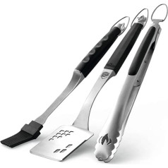 Napoleon Accessory 70036 Executive 3-Piece Tool Set Premium BBQ Grill Tool Set Cast Stainless Steel Ergonomic Handles Heat-Resistant Rubber Handle Including Tongs Multifunctional Spatula Pastry Brush