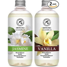 Istabas smaržu difuzors Vaniļas un jasmīna uzpilde ar jasmīna ēterisko eļļu – 2 x 500 ml – Uzpildes komplekts aromātam – Istabas aromāts – Telpas aromāts – Telpas gaiss – Jasmīna aromāts