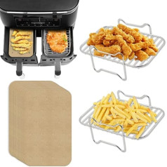 2 Pieces 304 Stainless Steel Hot Air Fryer Grill Grate with 100 Pieces Baking Paper Compatible with Ninja Foodi AF300EU AF400EU, Dehydrate Rack Hot Air Fryer Set for Ninja Foodi AF300EU Dual Zone Air Fryer