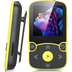 AGPTEK MP3 atskaņotājs Bluetooth 5.0 Sport 32GB ar 1,5 collu TFT krāsu ekrānu, mini mūzikas atskaņotājs ar klipu, atbalsta līdz 128GB TF karti, ar neatkarīgu skaļuma pogu, FM radio, pedometrs, dzeltens