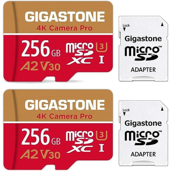 [5 Year Free Data Recovery] Gigastone 4K Camera Pro 256GB MicroSDXC Memory Card 2-Pack and SD Adapter, Compatible with GoPro Switch, Speed 100MB/s, A2 U3 V30 Micro SD Card