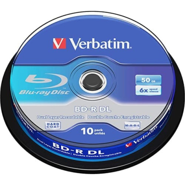 Verbatim BD-R divslāņu Blu-ray sagataves 50 GB 6 X rakstāmie Blu-ray diski ar aizsardzību pret skrāpējumiem, 10 pakešu vārpstas, Blu-ray diski video un audio failiem