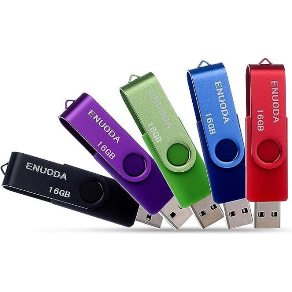 Pack of 5 16 GB USB Stick ENUODA Memory Stick Rotate Metal Multicoloured High Speed USB 2.0 Flash Drive Pack (Red, Green, Black, Blue, Purple)