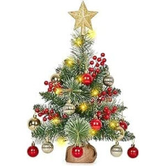 HAUSPROFI Mini Artificial Christmas Tree 40 cm - Table Christmas Tree Artificial with Lighting - Small Christmas Tree with Snow/Christmas Baubles/Red Berries/Tree Star for Indoor Outdoor Christmas