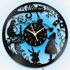 KingLive Alice in Wonderland Vinila sienas pulkstenis 7 krāsu LED nakts gaisma Vintage ierakstu pulkstenis Češīras kaķu rotājumi Dāvanas ballītēm Bērnu istaba Birojs Virtuve Dzīvojamā istaba Guļamistaba