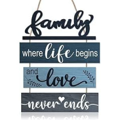 Family Where Life Begins and Love Never Ends Wooden Sign - Family Wall Decor, Rustic Farmhouse Wooden Sign, Family Wooden Sign for Home, Kitchen, Living Room, Bedroom