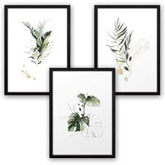 3-Piece Premium Poster Set, Art Print, Botanic, Green, Leaves, Decorative Picture for Your Wall, Optional with Frame, for Living Room and Bedroom, Modern Fine Art, A4 / A3 Format A3 Black Frame