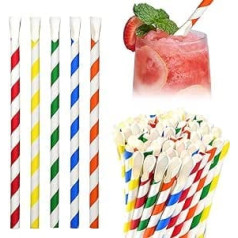 Disposable Paper Straws with Spoon, Paper Scoop Straws for Slushy, Smoothie, Milkshake, Frozen Drinks - 20.0 x 0.8 cm, Pack of 200, Colourful Stripes, Biodegradable