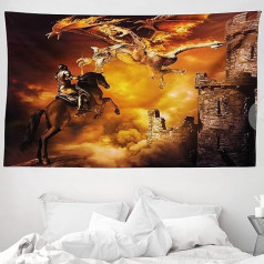 ABAKUHAUS Modern Tapestry, Knight on a Horse Castle Mystic Art Print, Soft Microfiber Fabric Wall Decoration for Bedroom, 230 x 140 cm, Black and Marigold