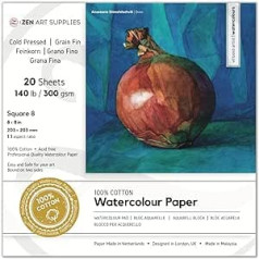 100% Cotton Watercolour Paper 300 gsm - 8 x 8 in (20.3 x 20.3 cm) 20 Sheets Cold Pressing Acid-free Travel Block 2-Sided Bound - for Watercolour, Gouache, Ink, Mixing Techniques by ZenART