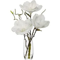 Oairse mākslīgie magnolijas mākslīgie ziedi stikla vāzē ar mākslīgo ūdeni, mākslīgie ziedi, mākslīgie ziedi, kā īsti pieskāriena ziedi, galda noformējums, palodzes dekors, balts