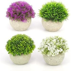 Artificial Plants in Pots, Pack of 4 Small Decorative Artificial Flowers and Grass with Grey Pot, Artificial Plastic Green Plants for Indoor Decoration, Artificial Plants in Office and Bedroom