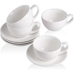 Sweejar mājas porcelāna espresso krūzes un apakštasīšu komplekts, sakraujami Demitasse krūzes ar metāla statīvu, 250 ml lattei, kafijai, kafejnīcai, mokai, tējai, komplekts pa 4 (balts)