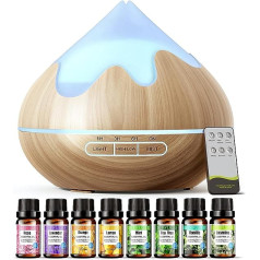 500 ml Aroma Diffuser with Top 8 Oils Gift Set, Essential Oil Diffuser with Remote Control, Ultrasonic Humidifier for Home Office, 15 Colour LEDs, Remote Control with 4 Timer Settings