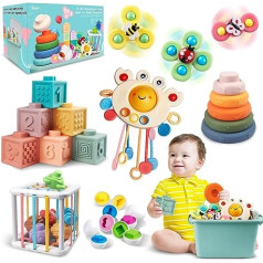 Baby Toys for 6 to 12 Months, Montessori Toys for Babies, Sensory Baby Toy 12-18 Months, 6 in 1 Stacking Toy Blocks and Rings, Matching Eggs, Suction Cup Spinner Toy