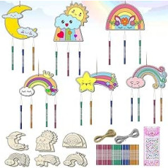 12-teiliges Windspiel-Set für Kinder, machen Sie Ihr eigenes Regenbogen-Windspiel, unlackiertes Holz, Sonne, Mond, Regenbogen-Ausschnitte, DIY, Kunst und Handwerk für Mädchen und Jungen