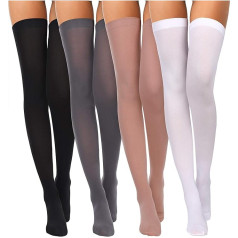 Boao 4 Pairs Women's Silk Thigh High Stockings Nylon Socks for Women Halloween Cosplay Costume Party Accessories (Black, White, Skin Colour, Grey, Plus Size), Black, white, skin colour, grey