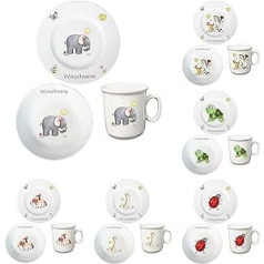 Bērnu brokastu serviss 3 daļīgs porcelāna dzīvnieku motīvu šķīvju krūzes bļoda, personalizēta ar izvēlēto vārdu Bērnu trauki ar vārdu personalizēts ar vārdu (zilonis)