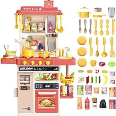 deAO bērnu virtuve "Mans mazais šefpavārs" ar skaņām un gaismu, tvaiks, 50 gabali bērnu virtuves piederumi, tostarp trauki, ēdiens, izlietne, cepeškrāsns un plīts virsmas rotaļlieta, rotaļu virtuves komplekts bērniem no 1 2 3