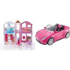 Barbie DLY32 - Town House with 3 Levels, Foldable, Many Accessories, from 3 Years & DVX59 - Convertible Vehicle, in Pink, with Space for 2 Dolls, Doll Accessories, Toys from 3 Years