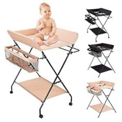 Baby Changing Table Foldable Height Adjustable Baby Changing Table Mobile Changing Table Foldable Children Massage Nappy Station with Non-Slip Foot Covers or Wheels (Khaki, with Wheels, Height Adjustable)