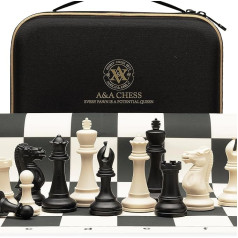 A&A Tournament Chess Game / 51 cm x 51 cm (20 inches x 20 inches) Foldable Silicone Chess Board / 9.6 cm (3.75 inches) King Height Plastic Quadruple Weighted Classic Staunton Figures/Storage Bag