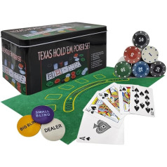 PowerKing pokera komplekts Texas Holdem, Blackjack 200 žetonu pokera komplekts ar galdauta spēli ģimenes draugu ballītei (pokera komplekts)