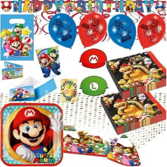 120tlg. Super Mario Party Set Plates Cups Napkins Tablecloth Bags Invitation Banner Spirals for 16 Kids Hats Balloons