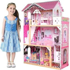 BAKAJI 8057711880119 Dollhouse Toy for Children, Completely Made of Wood, 3 Floors, 4 Rooms, with Furniture and Play Accessories, Size 88 x 33 x H 118 cm, Multi-Colour, 88 x 33 x 118 cm