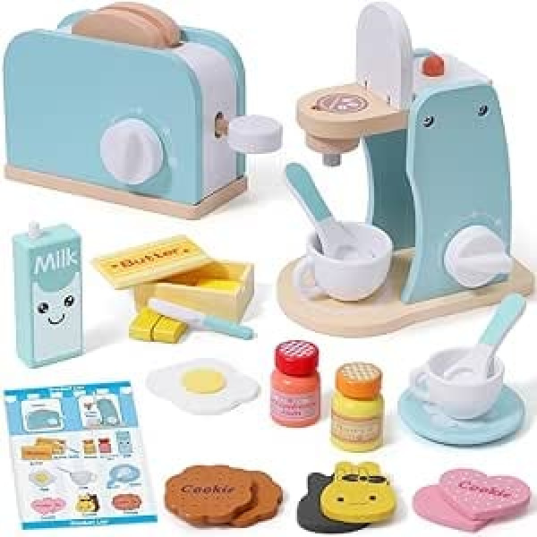 Wooden Coffee Machine & Pop-up Toaster Toy Play Kitchen Children's Kitchen Accessories with Bread Slices Butter Milk Sauce Egg Educational Toy Wooden Toy Role Play Gift for Girls Boys 3 4 5 6 7 Years